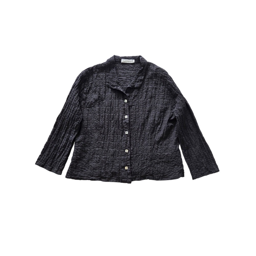 Cut Loose Black Crinkle Textured Button Front Shirt Blouse M Lagenlook Coastal
